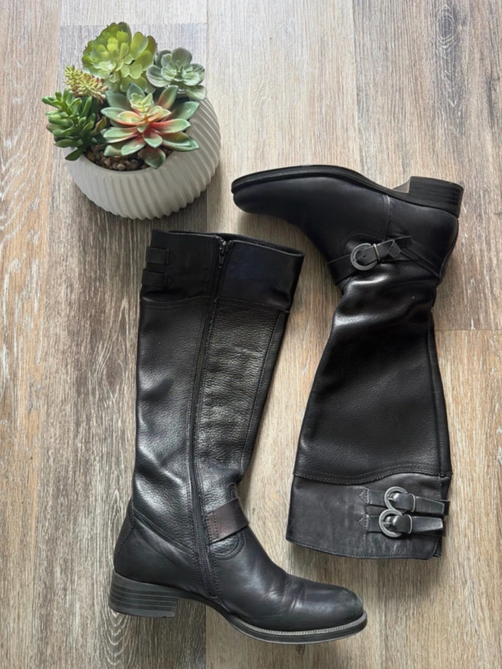 Aldo Black Leather Knee-High Buckle Boots